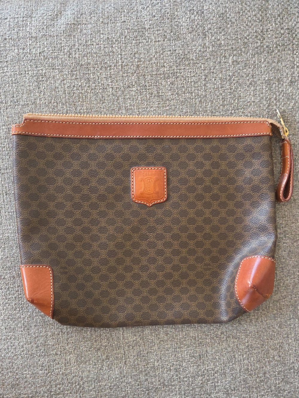 Celine Brown Leather Trim Canvas Pouch/Wristlet
